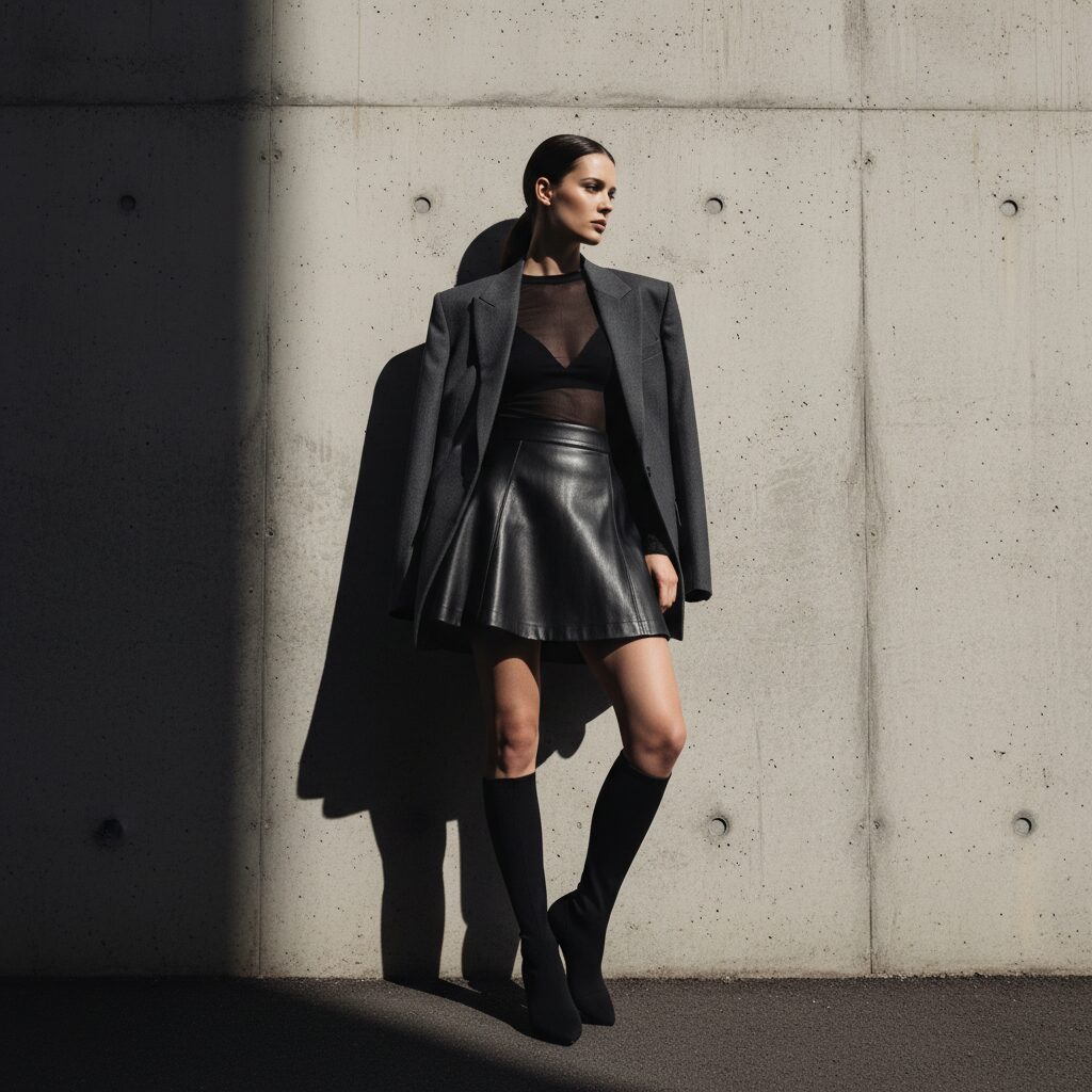 青山にあるコンクリート壁の前でポーズをとるファッションモデル。黒のレザーミニスカートに、チャコールグレーのオーバーサイズジャケットを羽織り、インナーにはシアー素材のトップスを着用。足元はタイトなソックスブーツで、エッジの効いた最先端のモードスタイルが完成している。