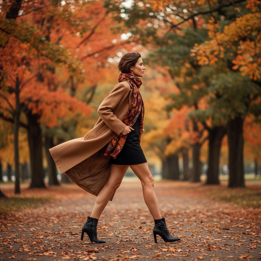 紅葉が美しい公園を颯爽と歩く女性の横顔。キャメル色のロングコートが風になびき、中には黒のミニスカートとヒール付きのショートブーツを合わせている。首に巻いたカラフルなマフラーがコーディネートのアクセントになっており、アウターとの絶妙なバランス感がわかる一枚。