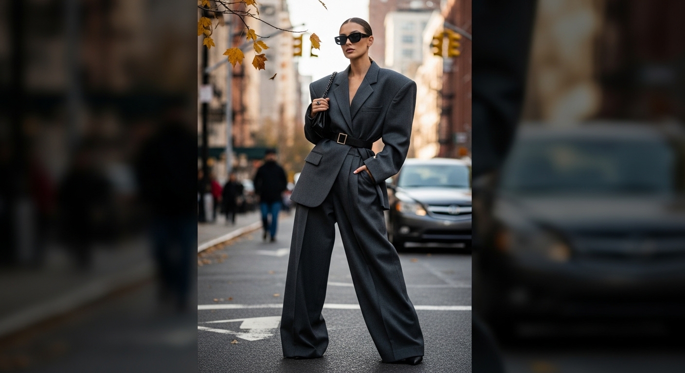 ニューヨークのストリートで、豊かなチャコールグレーの、ドラマティックに構造化されたオーバーサイズブレザーとワイドレッグトラウザーを着用した女性のファッションイラスト。自信に満ちたダイナミックなポーズ。背景には秋の紅葉がさりげなく見える。ハイファッション誌のようなシャープなラインと映画のような照明。