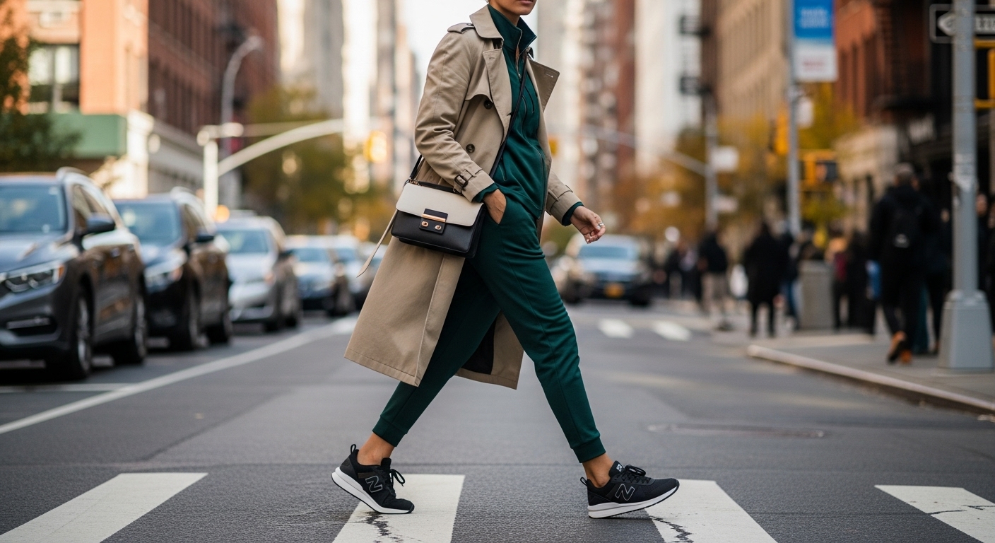 ニューヨークの都会の通りを目的を持って歩く、洗練されたアスレジャーファッションの人物。豪華なテクニカル素材で作られたモノクロームのディープフォレストグリーンのトラックスーツに、シックなトレンチコートを重ね着している。ハイエンドのスニーカーと洗練されたミニマリストバッグでルックが完成している。秋の都会の暖かい光の下で。