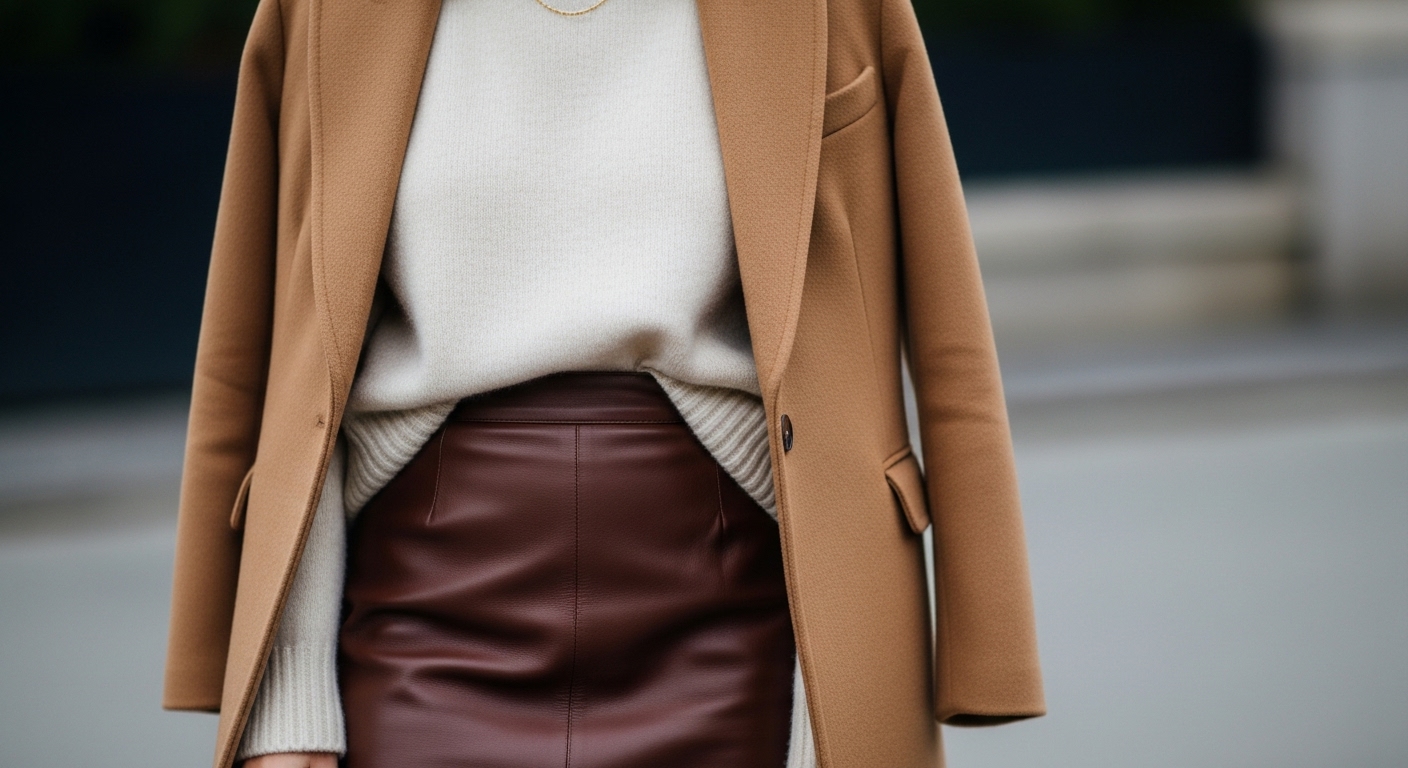 豊かなニュートラルカラーを特徴とする服装のクローズアップストリートスタイルショット。モデルはチョコレートブラウンのソフトレザースカート、クリーム色のカシミヤセーター、キャメルカラーのテーラードコートを着用。繊細なゴールドジュエリーがアクセントとなり、素材感が強調されている。背景はぼかされており、服装のエレガンスが際立っている。秋の柔らかな自然光の下で。