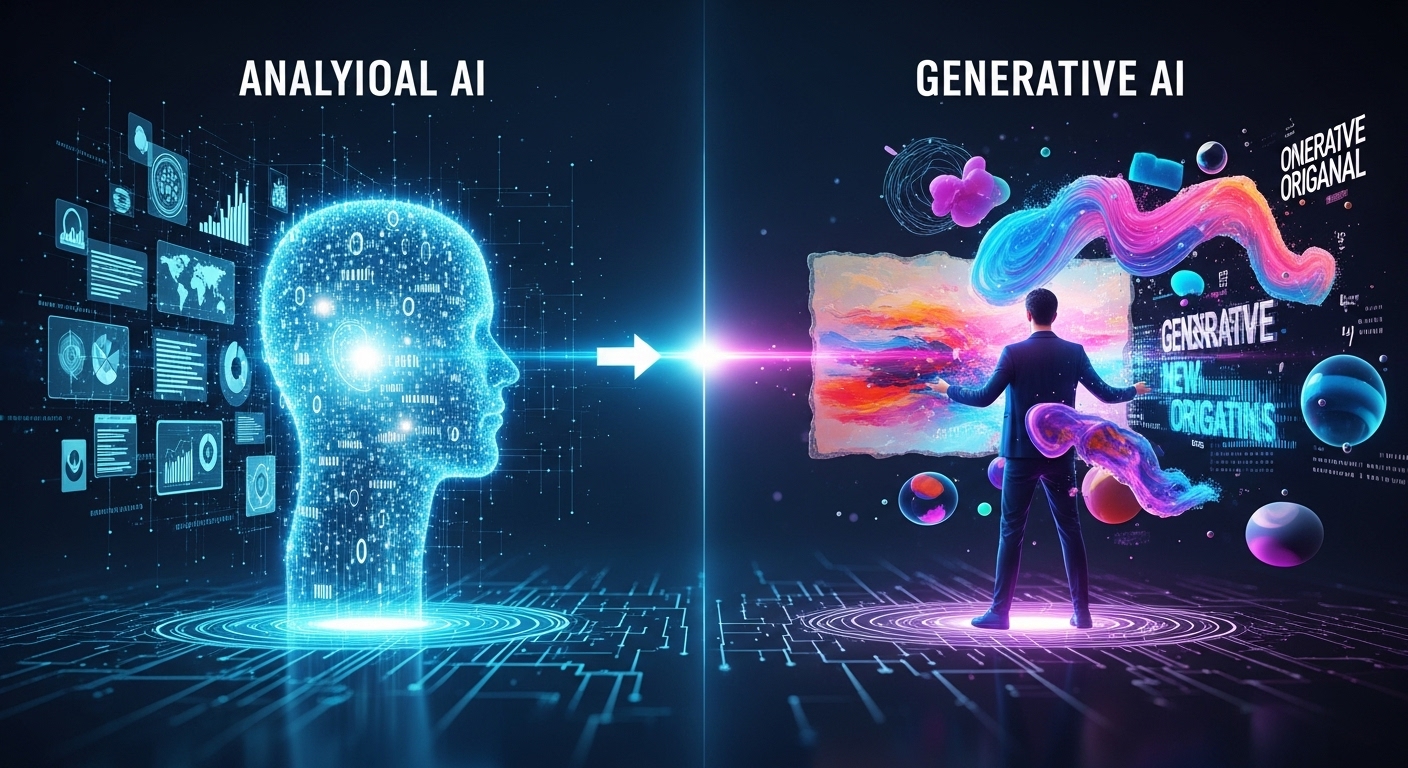 左側にはデータ分析やパターン認識を行う従来のAIがグラフやデータポイントで表現され、右側には全く新しい画像やテキスト、3D形状を生み出す生成AIが創造的に描かれている、未来的なデジタル空間での比較イラスト。AIの進化と、分析から創造への移行を象徴しています。