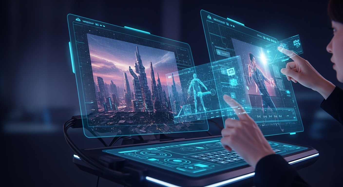 未来的なメディアクリエイターが高度なホログラフィックインターフェースを操作し、複雑な3D環境やダイナミックな動画シーケンスがリアルタイムで生成されていく様子を描いた横長のイラスト。広大なSF都市やアニメーションキャラクターが、AIによって詳細に作成されています。