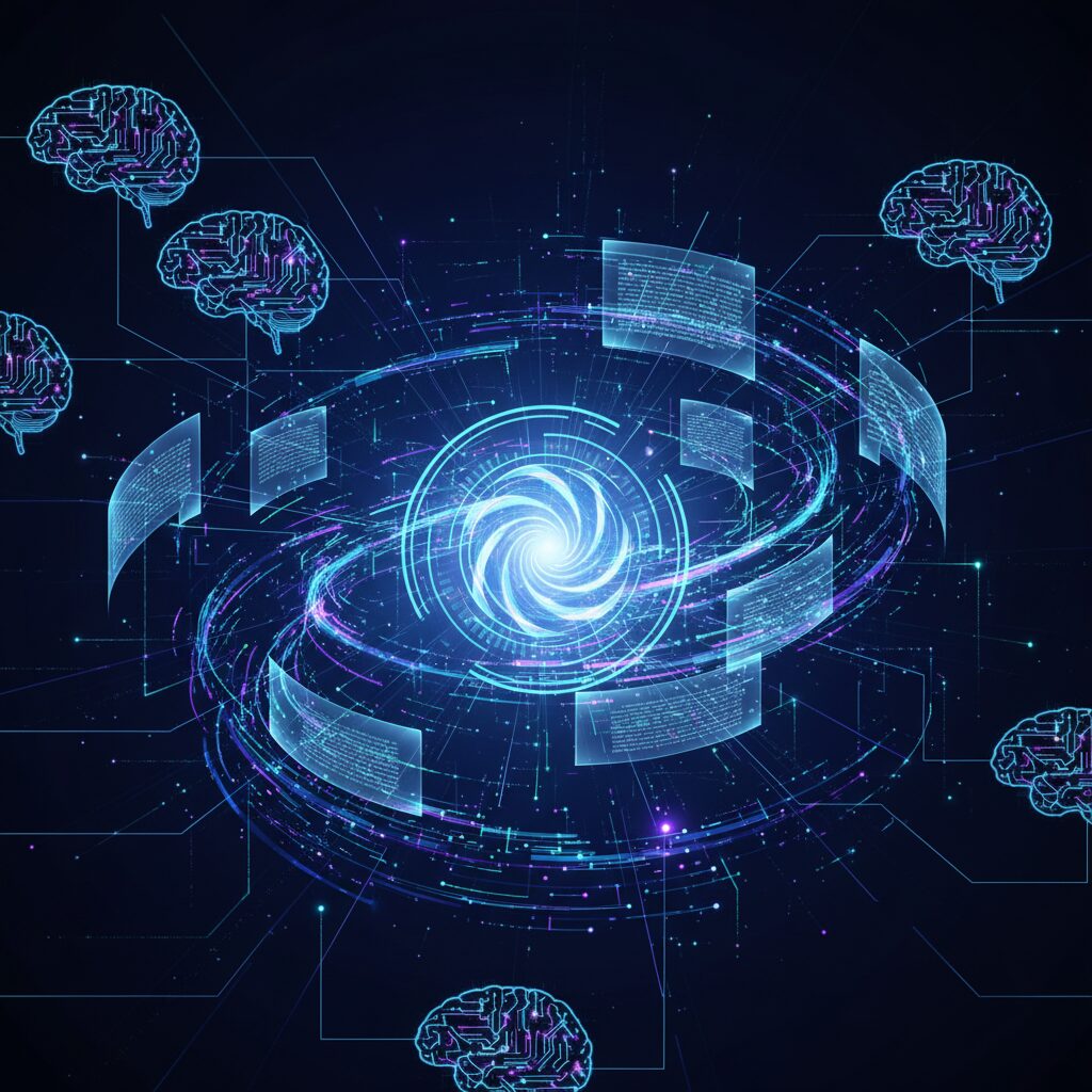 中心に光るGoogleロゴが配置され、AIが生成した要約とデータの渦巻く線に囲まれた、非常に高度な未来的な検索インターフェース。背景には相互接続されたデジタル脳のネットワーク。16:9の比率。