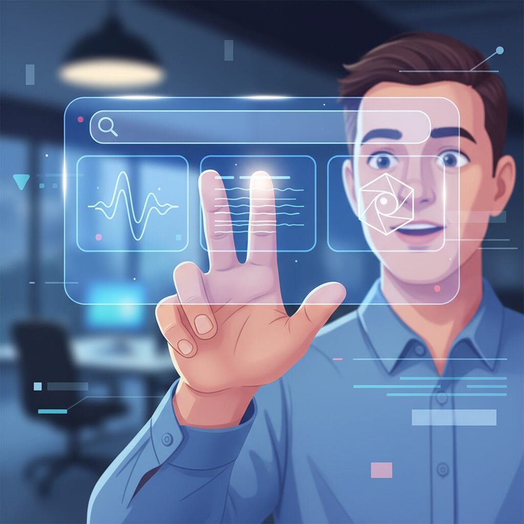 マルチモーダルAI検索クエリを表示するホログラフィックディスプレイと対話する人間の手。ディスプレイはテキスト、音声波形、小さなカメラアイコンを統合し、視覚入力を示唆している。ユーザーの顔には驚きが表れている。16:9の比率。