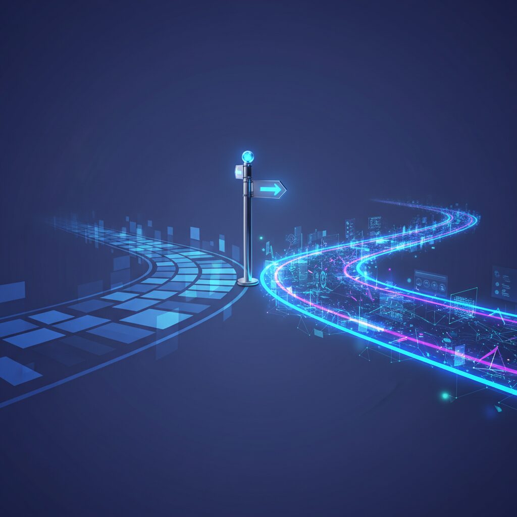 デジタルの風景の中で二手に分かれる2つの道。一方は青いリンクが並ぶ従来の検索結果ページで、徐々に薄れていく。もう一方はAI生成の回答を表す鮮やかで流れるような道で、より深い洞察へと導く。「AIモード」と書かれた道標がある。16:9の比率。