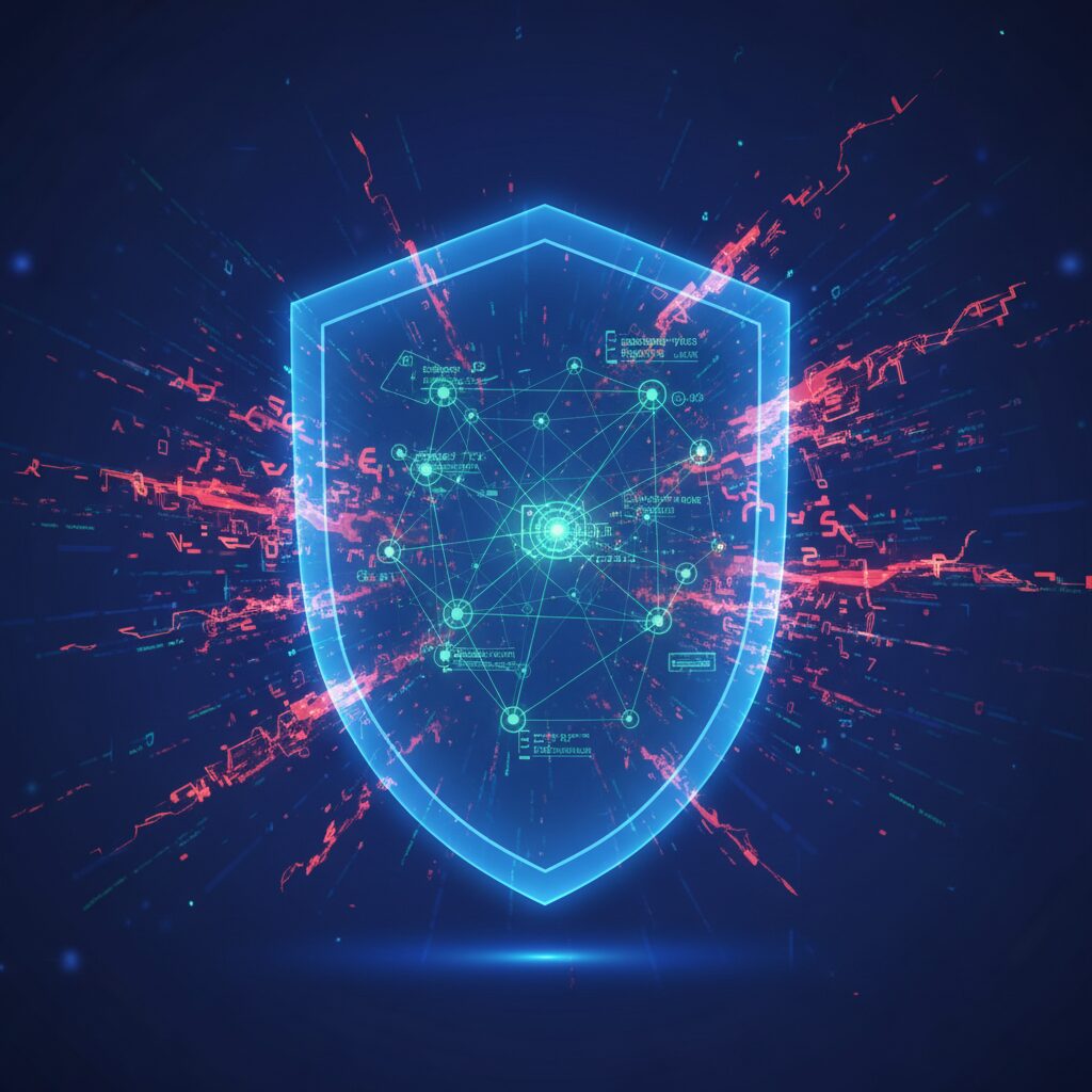 情報を保護する頑丈で透明な盾の概念的な画像。盾の内側では、検証されたデータポイントが緑色に輝き、潜在的な「ハルシネーション」は、点滅する赤く歪んだテキスト断片として表現され、突破しようとしている。Googleの信頼性と正確性への集中を象徴している。16:9の比率。