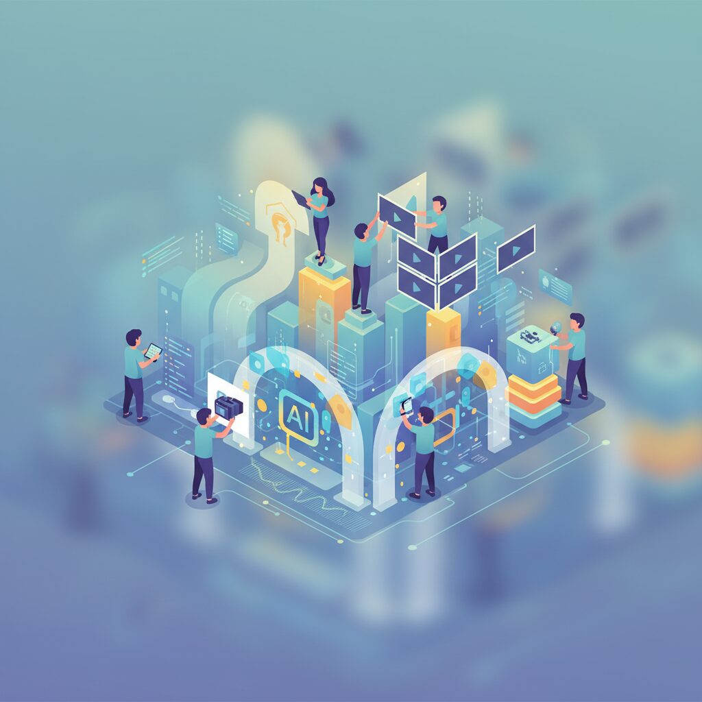 多様なコンテンツクリエイター（ブロガー、YouTuber、アーティスト）のネットワークが、GoogleのAIインターフェースを微妙に統合しながら複雑なデジタル構造を共同で構築しており、障壁ではなく支援的なフレームワークとして機能している様子。AIとの共存するクリエイターエコノミーを強調している。16:9の比率。