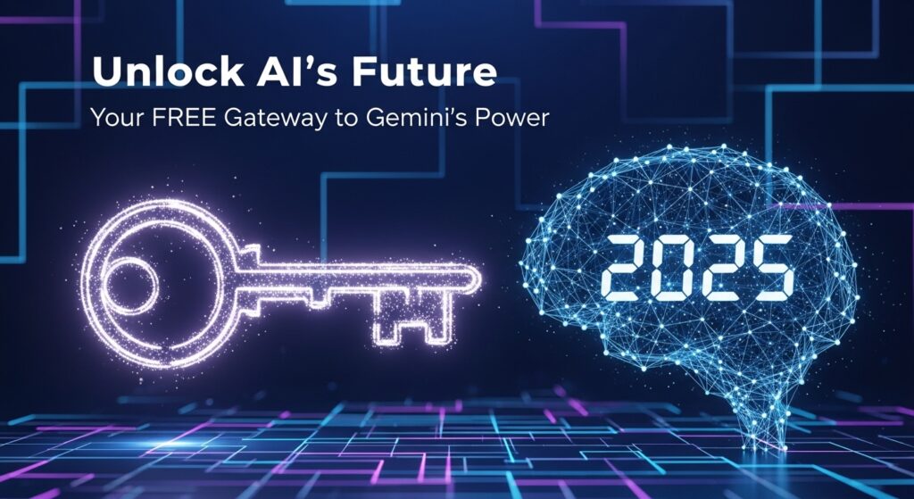 Google AI Studioのインターフェースで、AIモデルのビルディングブロックが並べられ、コードが生成されている様子。中央にはジェミニのロゴが光り、創造性と革新を象徴している。