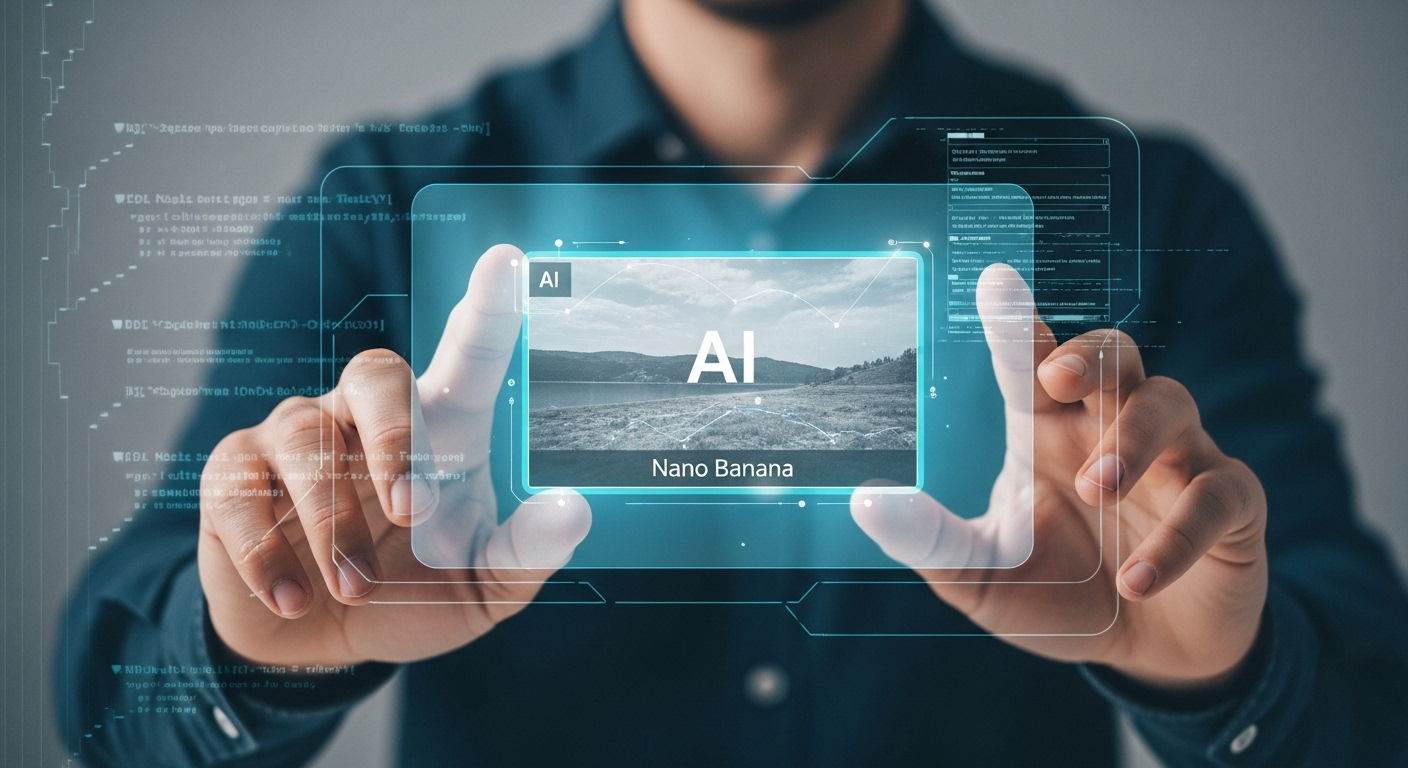 開発者の手が、AI（Nano Banana）によって画像が編集されているホログラフィックなインターフェースを操作している。周囲にはコードの行が流れている。