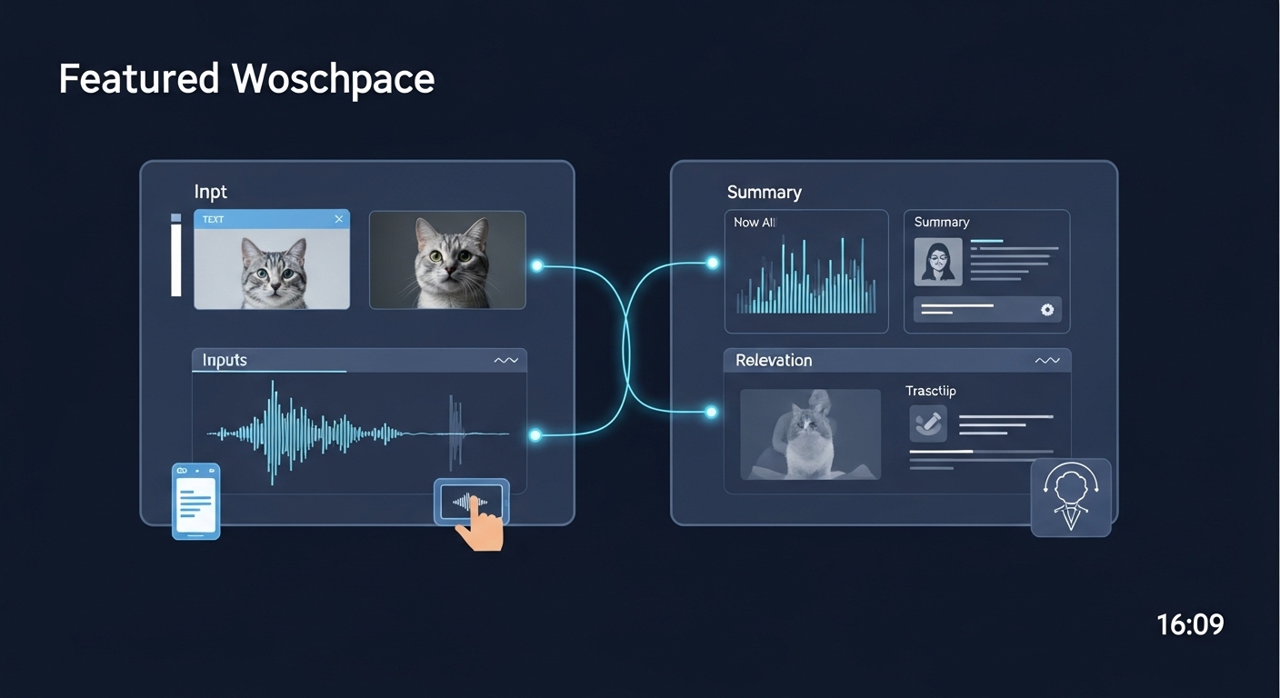 デジタルワークスペースの左側には、ユーザーがテキスト、猫の画像、音声波形を入力している様子が描かれている。右側では、AIが要約、関連画像、文字起こしを生成している。入力と出力が光る線で結ばれ、未来的なデザインでAIのマルチモーダル対応を表現。