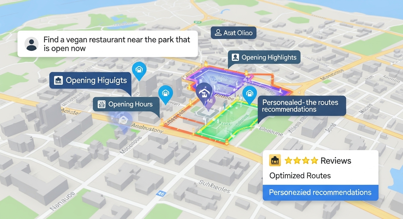 AI要素と統合されたデジタル地図インターフェース。ユーザーが特定の地域のレストラン検索に関する自然言語のクエリを入力すると、AIがリアルタイムの情報、経路、推奨事項を地図上に直接重ねて表示している。建物や道路がはっきりと見え、AIが生成したデータポイントが強調されている。