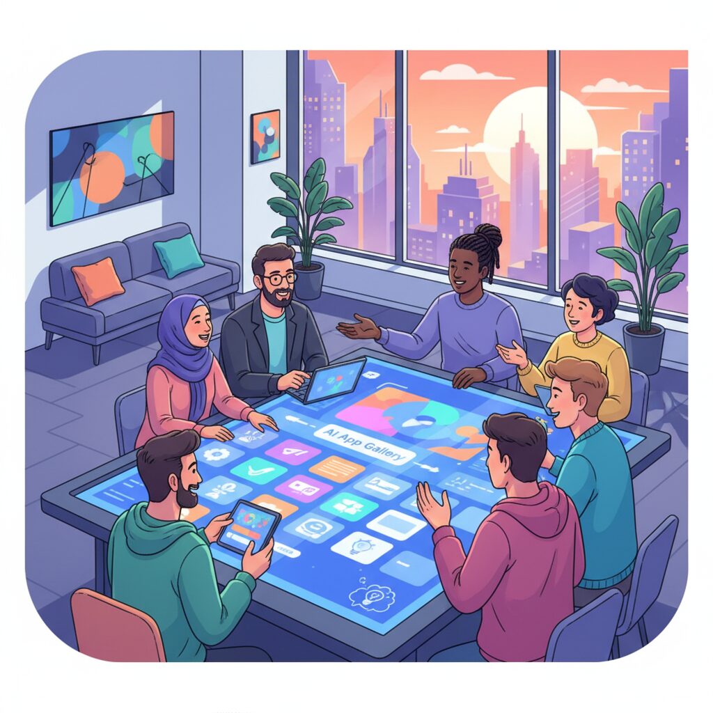 Google AI StudioのApp Galleryを映し出す大型タッチスクリーンを囲んで、非技術者と経験豊富な開発者の多様なグループが共同作業している。彼らは様々なAIアプリの例を閲覧し、スターターコードをリミックスし、新しいアイデアを熱心にブレインストーミングしている。活気があり、包括的な雰囲気、16:9比率。
