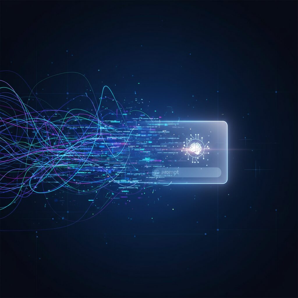 AIが複雑な技術的タスクを自動化している抽象的な表現。APIキー管理やモデル統合を象徴する絡み合うワイヤーと光るデータストリームが、透明で簡素化された単一プロンプトインターフェースへと溶け込んでいく。ダイナミックで未来的なハイテク描写、16:9比率。