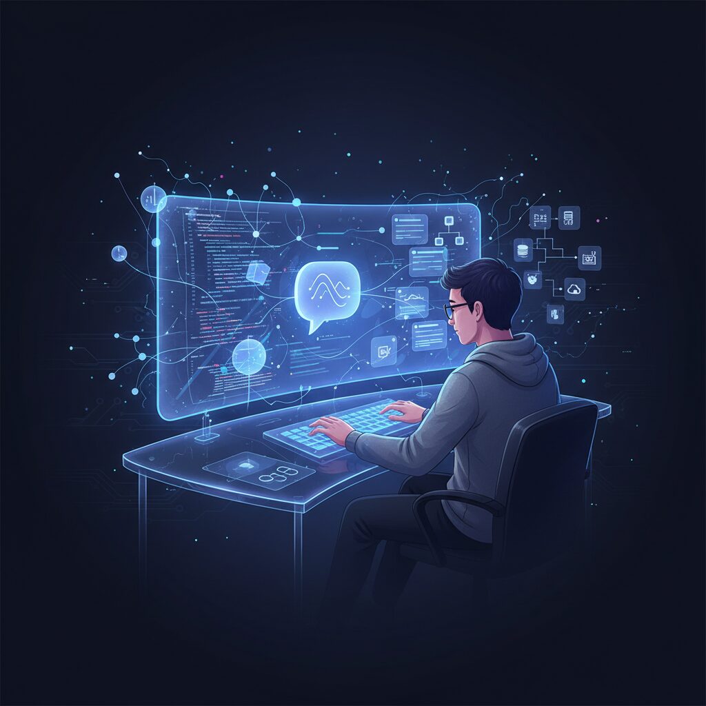 Google AI Studioの直感的なインターフェースで、自然言語を使って複雑なアプリケーションを構築している開発者。画面にはリアルタイムで変化する動的なコード生成と視覚要素が表示されている。