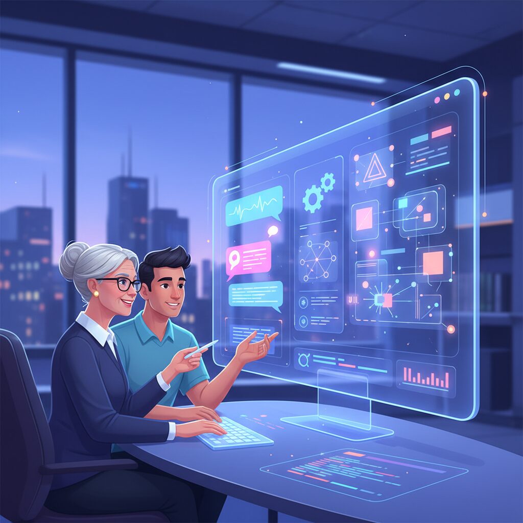 経験豊富な開発者と初心者の2人が、Google AI StudioでVibe Codingを使ってAIアプリケーションを共同で構築している。自然言語プロンプトを通じてアプリを議論・改良しており、共有された画面にはUI要素が生成・変更される様子が映し出されている。