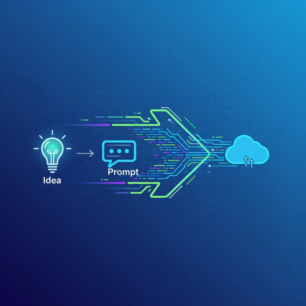 Vibe Codingによって実現される迅速な開発サイクルを示すタイムライングラフィック。「アイデア（電球アイコン）」から「プロンプト（チャットバブル）」、「コード生成（流れるようなコードライン）」、そして「デプロイ（雲アイコン）」までが非常に短い期間に凝縮されている。