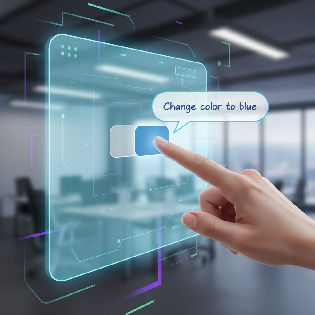 Annotation Modeの視覚的な比喩。Google AI Studio内の仮想画面で、人間の指が特定のUI要素に触れると、「色を青に変更」というテキストバブルが横に表示され、その要素の色が即座に変わる。直感的で直接的な操作を表現。