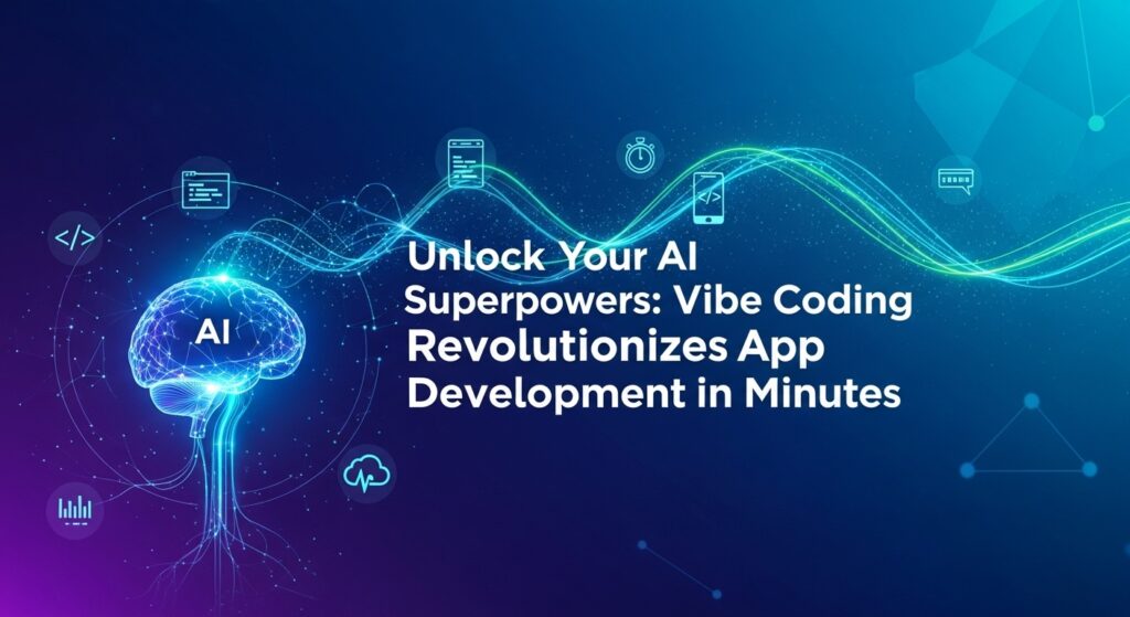 Google AI Studioのインターフェースで、自然言語プロンプトから複雑なAIアプリのコードがリアルタイムで生成されている様子を示すイメージ。直感的な開発を象徴するカラフルな波形とコードが融合している。