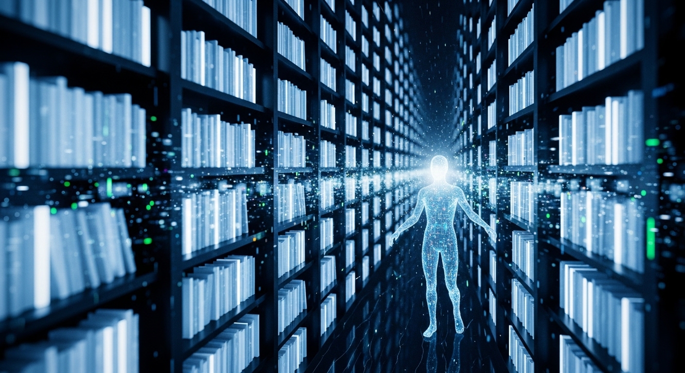 広大で幻想的なデジタル図書館またはデータセンター。光り輝く棚が無数に広がり、無数の本とデータ断片で満たされている。小さな人間のようなAIエージェントが棚の間を難なく移動し、情報を検索・統合している。これは拡張されたコンテキストウィンドウと高度な推論を象徴している。