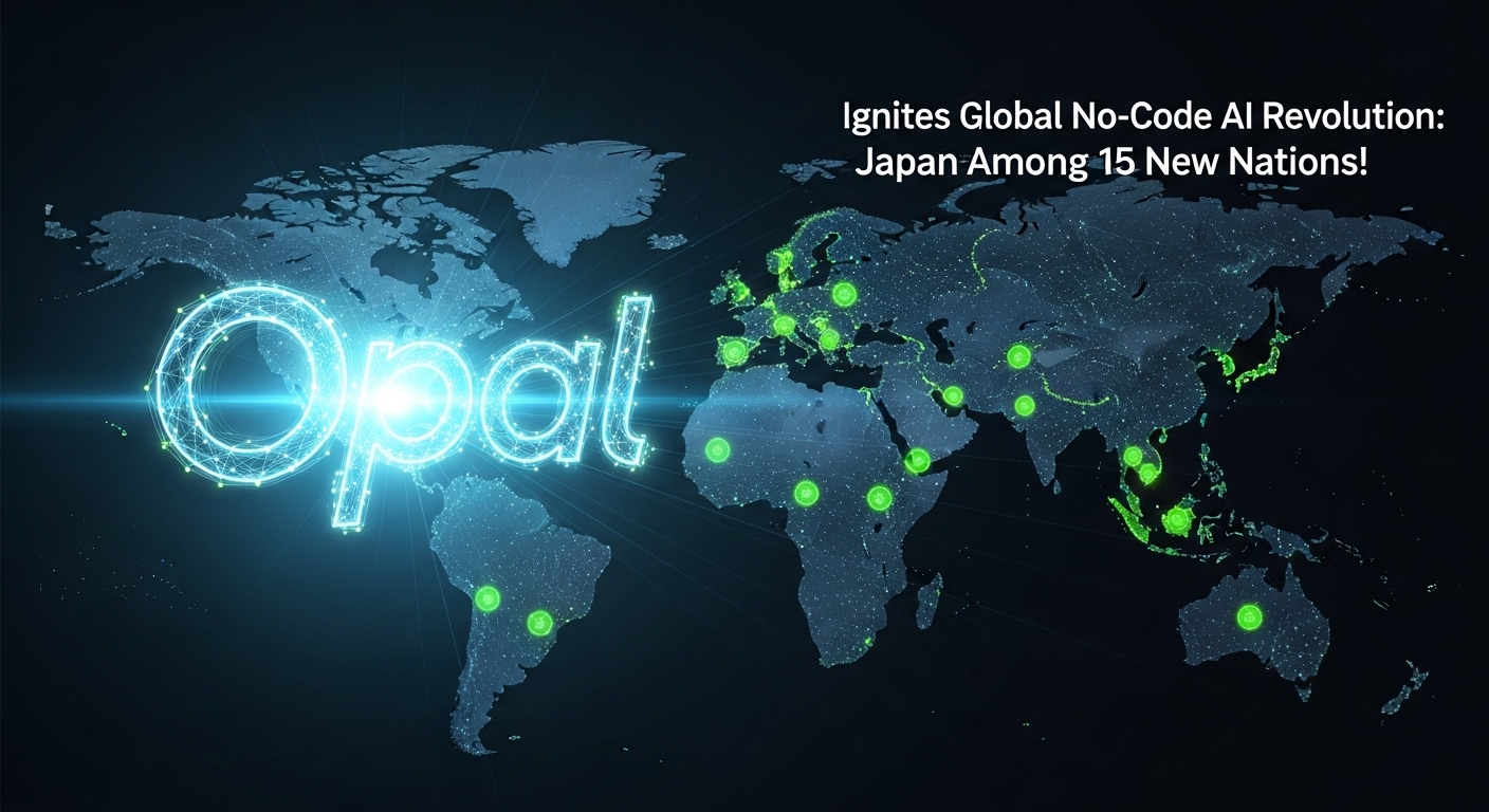 デジタルな地球儀の上でAIを表す光るアイコンが点滅し、日本を含む複数の国が強調されている。その周りには、ノーコード開発を象徴するシンプルなブロックが積み重なり、ミニアプリのロゴが浮かんでいる。