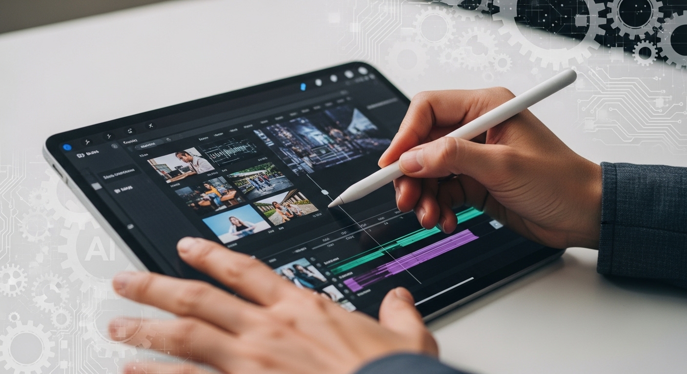 デジタルアーティストの手がタブレットでスタイラスを使い、AIによって生成された複雑な動画を調整している。タブレットの画面には、様々な動画セグメント、オーディオトラック、参照画像を含むタイムラインが表示されている。背景には歯車と回路のパターンがさりげなく重なり、AI技術を象徴している。16:9のアスペクト比。