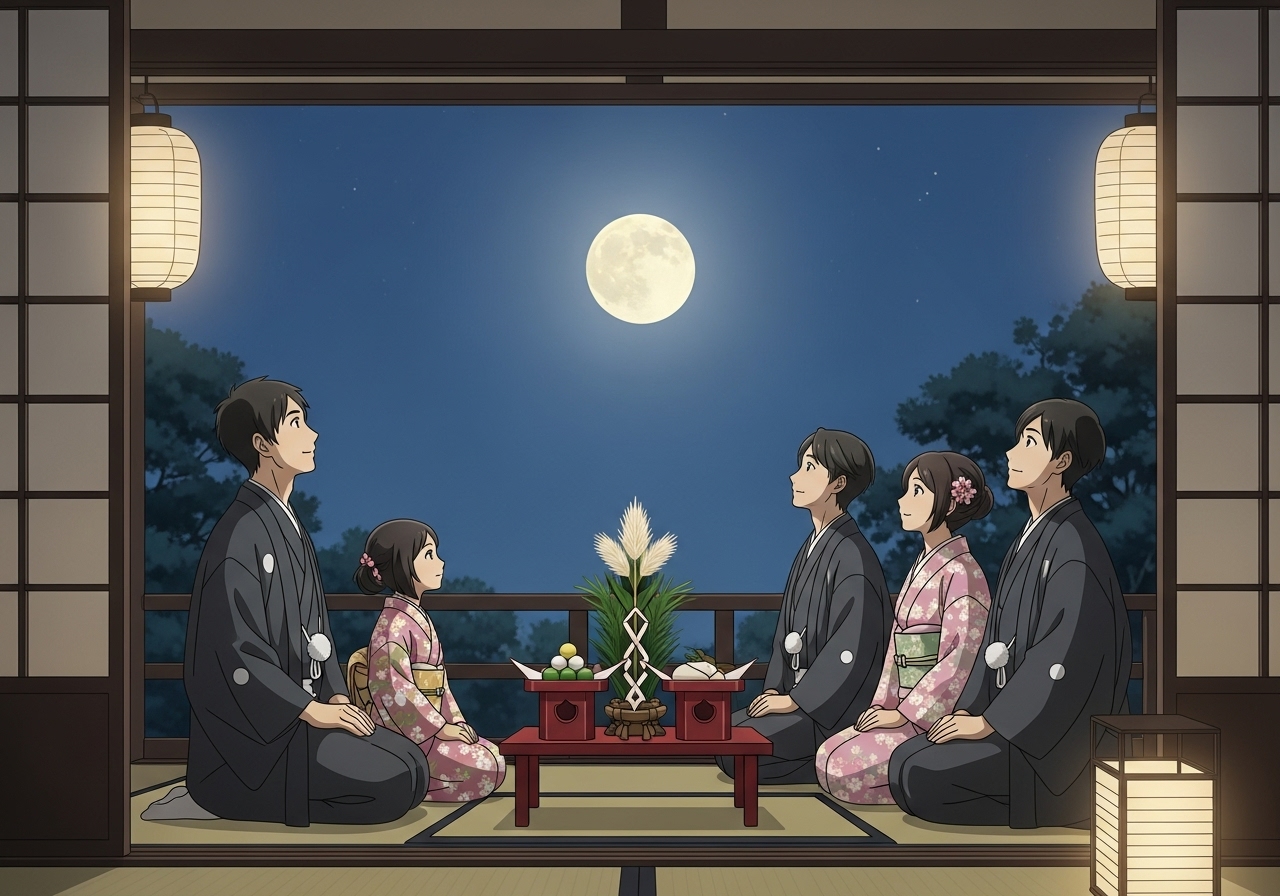 伝統的な縁側から満月の静かな美しさを楽しむ日本の家族。年に一度の十五夜祭りを祝っています。