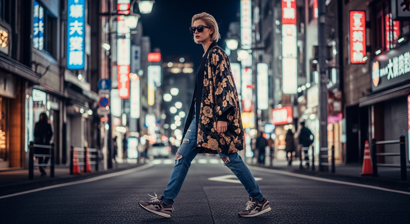 オーバーサイズの着物風ジャケットをディストレストデニムとスニーカーに合わせた現代的なファッションモデルが、ネオン輝く東京の賑やかなストリートを歩くダイナミックな全身ショット。