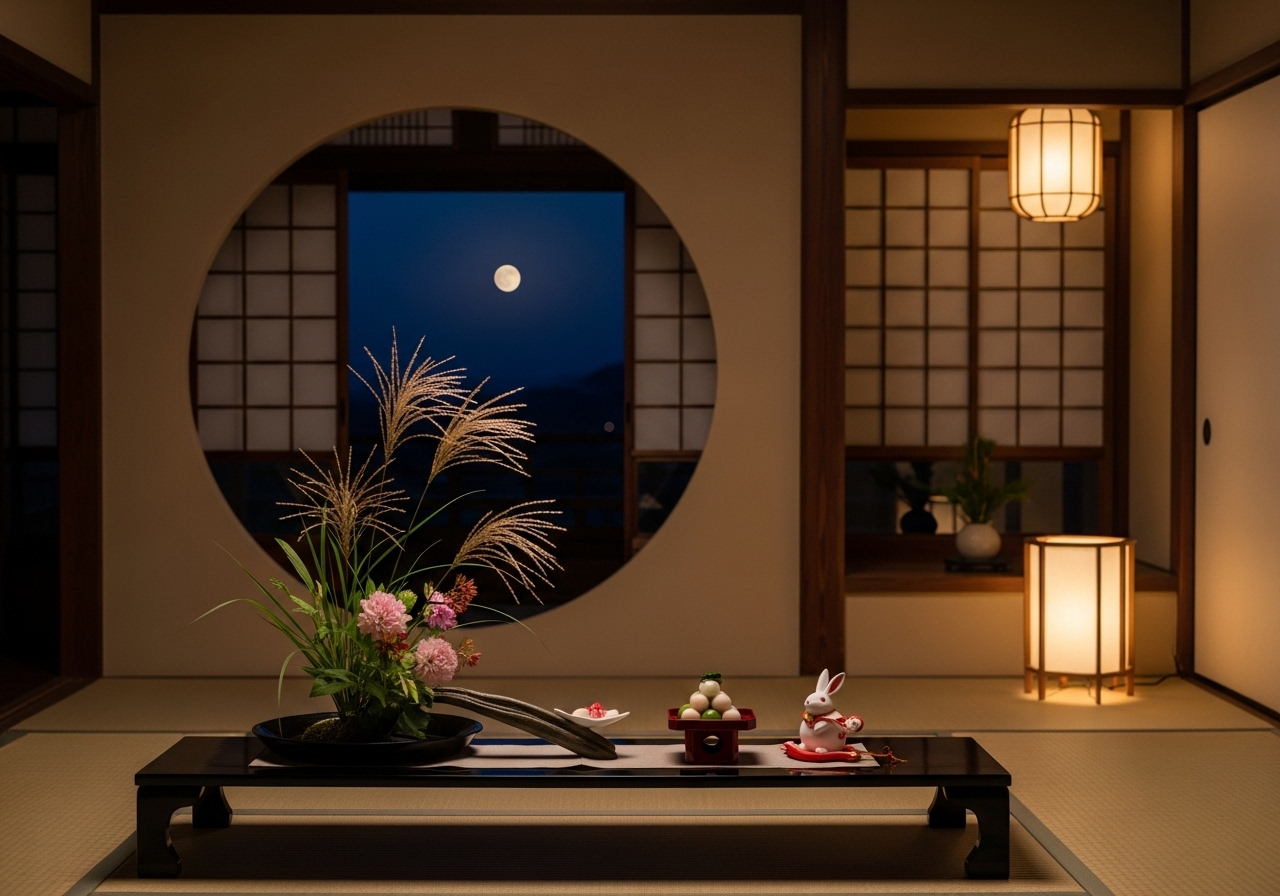 十五夜のために飾られた優雅な日本の伝統的な室内。ススキ、お団子、そして窓から見える満月が特徴で、月見の準備ができています。