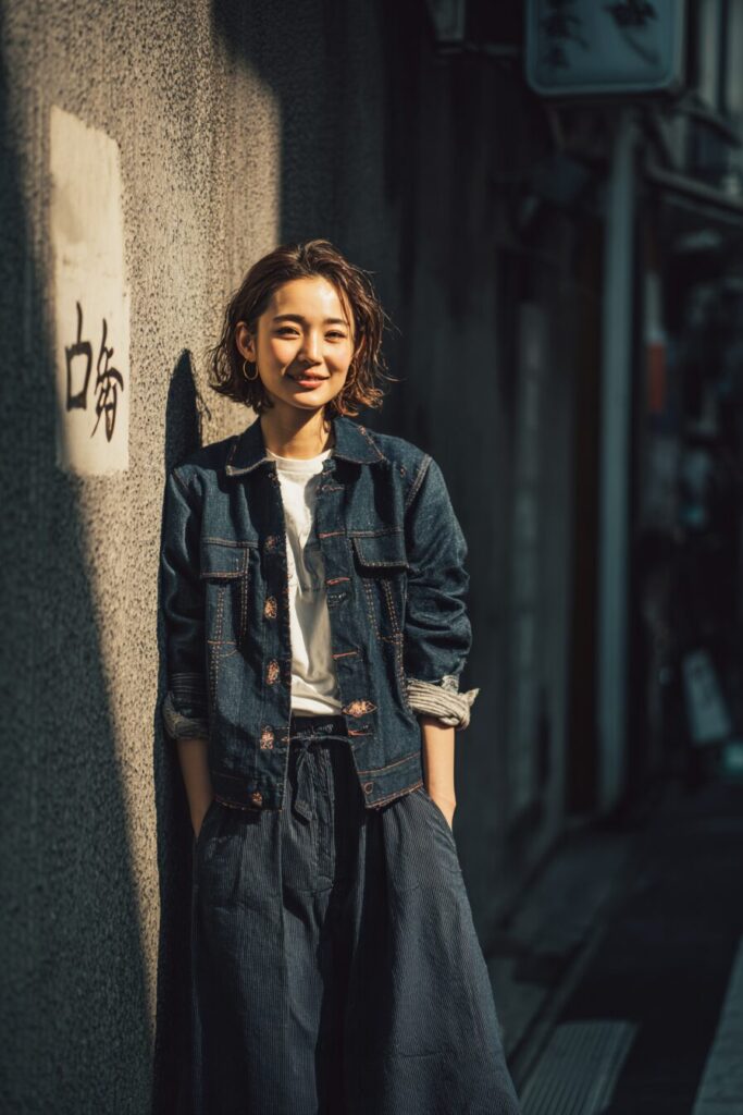 柔らかな昼の路地裏で、刺し子の糸が光を受けて浮き上がる。