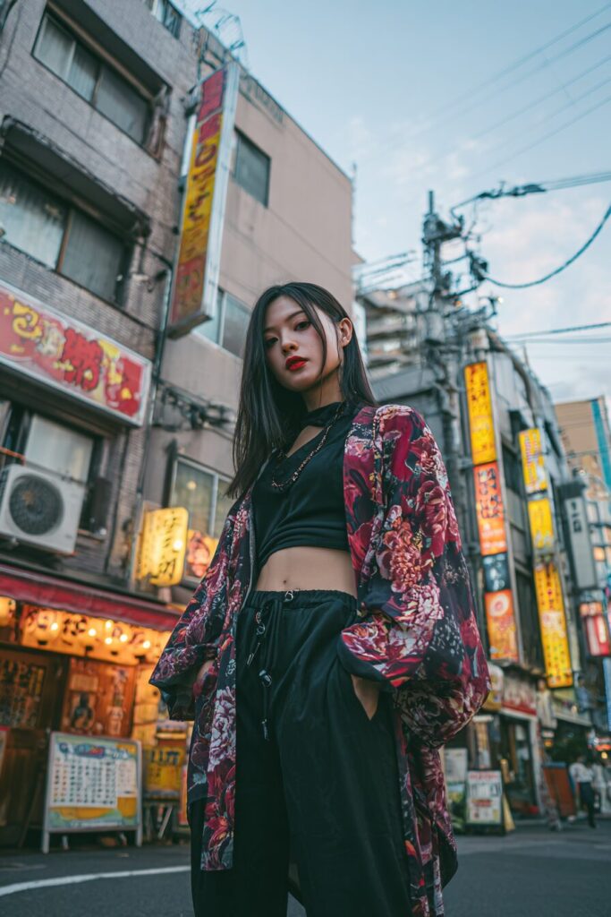 伝統の着物を現代的ジャケット風に。濡れたネオン街での強い存在感。