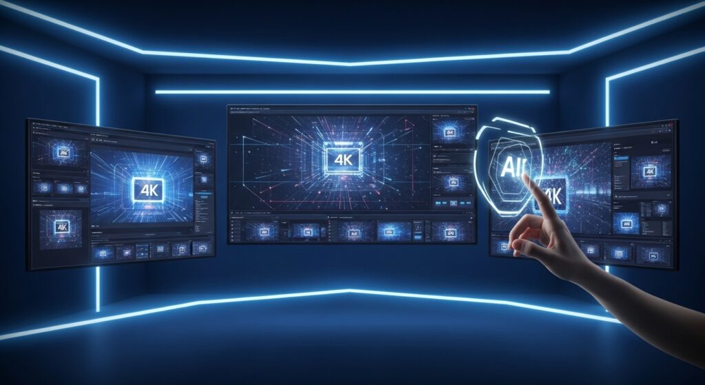 複数のスクリーンにAI生成された4K動画が表示され、手がホログラフィックインターフェースを操作している未来的なスタジオ環境。迅速な動画制作とプロフェッショナルな制御を象徴している。