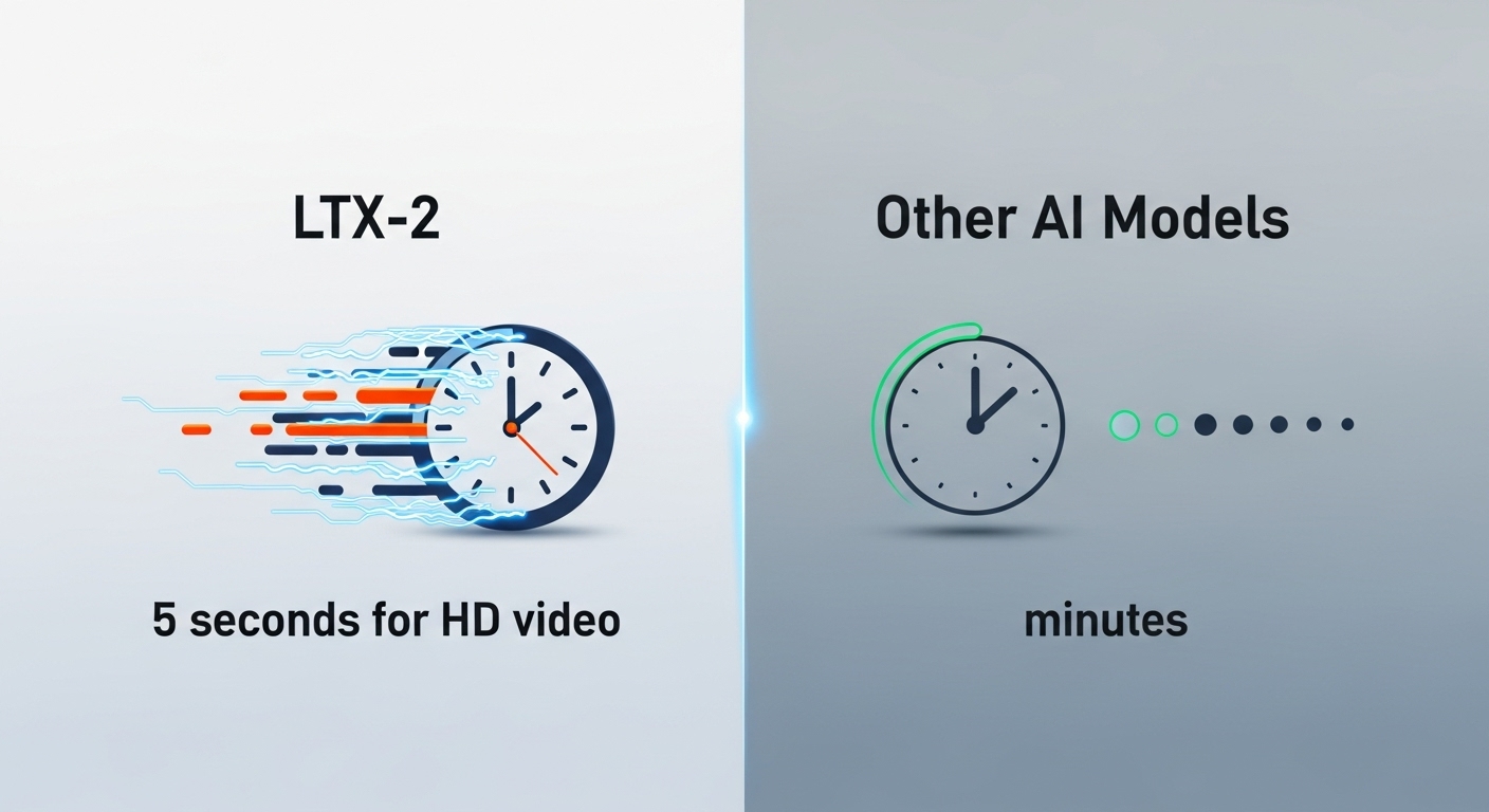 LTX-2（HD動画5秒）と他のAIモデル（数分）の速度差を比較するグラフィック。LTX-2の隣には非常に速く動く時計のアイコンがある。