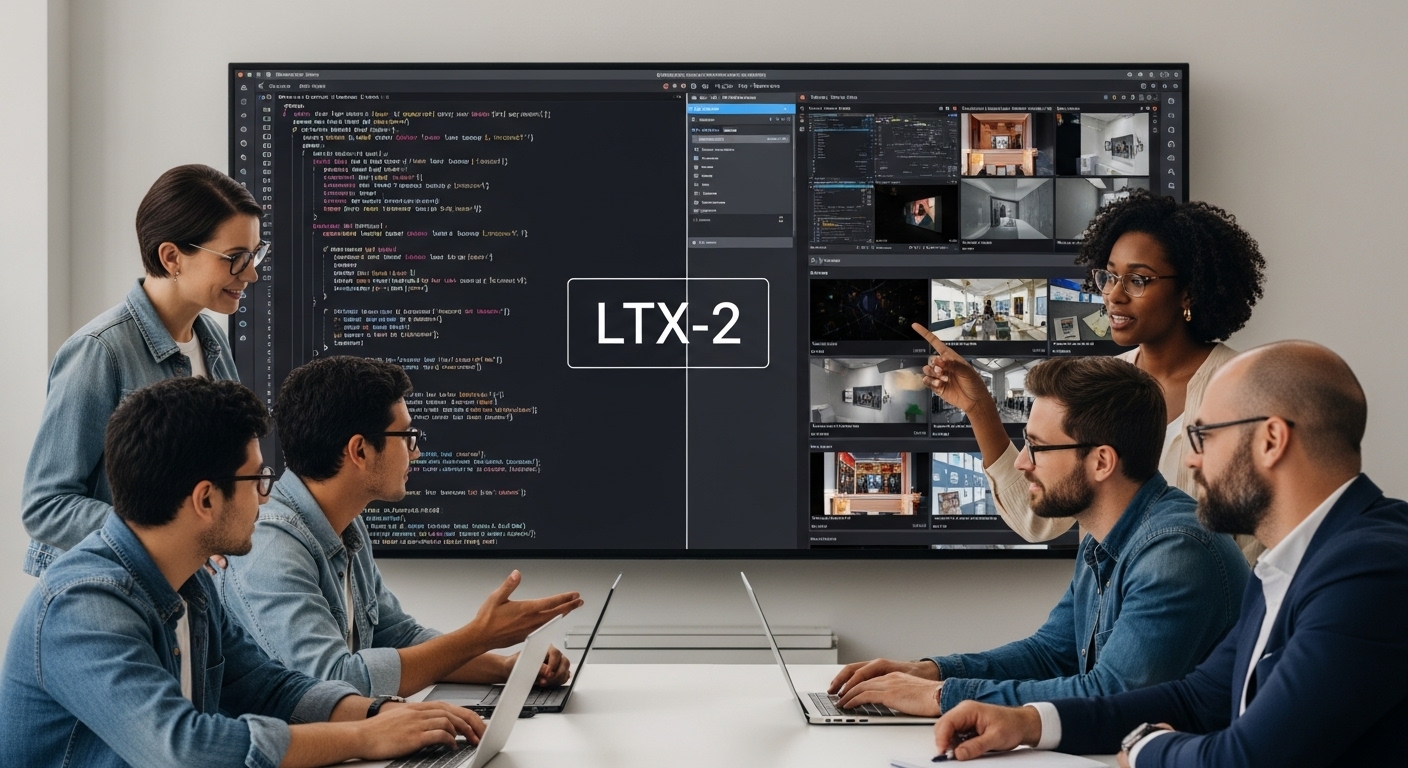 LTX-2のオープンソースコードと生成されたビデオ出力を表示する画面を囲んで、多様なクリエイター（インディーズ映画制作者、マーケティング担当者、開発者）が協力している様子。コミュニティによるイノベーションとアクセシビリティを強調している。