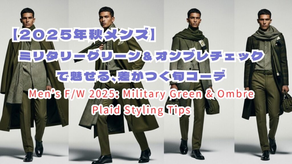 都会的な背景で、ミリタリーグリーンとオンブレチェックのアイテムをスタイリッシュに着こなす20代後半の男性の全身写真。秋のトレンドを感じさせる落ち着いた色合い。
