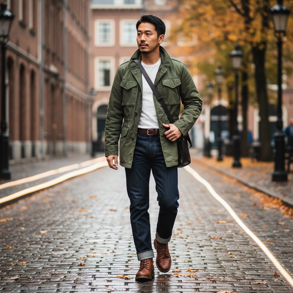 都会の石畳の道を自信を持って歩く20代後半の日本人男性の全身写真。ミリタリーグリーンのM-65ジャケットに白いTシャツ、ダークデニム、ブラウンのレザーブーツを合わせ、プロのストリートスナップのような自然光で背景が柔らかくボケた秋らしい一枚。