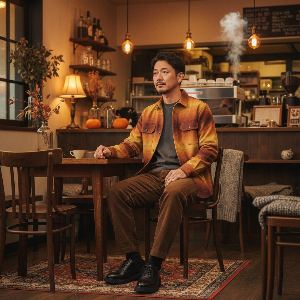 秋らしい居心地の良いカフェでくつろぐ30代前半の日本人男性。暖色系のオンブレチェックフランネルシャツをダークグレーのTシャツの上に羽織り、ゆったりとしたダークブラウンのコーデュロイパンツと厚底ダービーシューズを合わせています。柔らかく暖かい室内照明が魅力的な一枚。