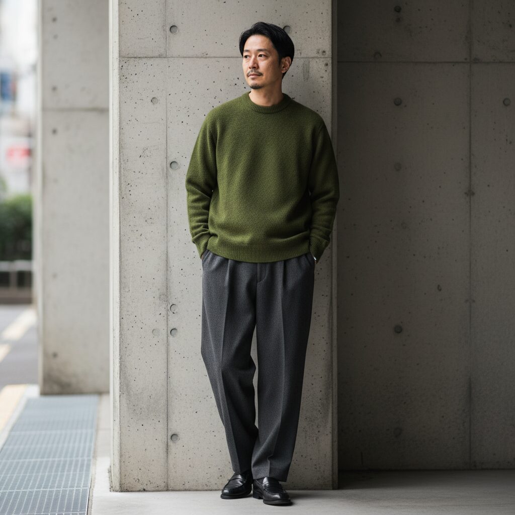 都会的なコンクリートの壁を背景に立つ30代半ばの日本人男性。ミリタリーグリーンのクルーネックニットにチャコールグレーのワイドスラックス、磨き上げられた黒いレザーローファーを合わせた、クリーンでモダンな美学を感じさせる自然光の一枚。