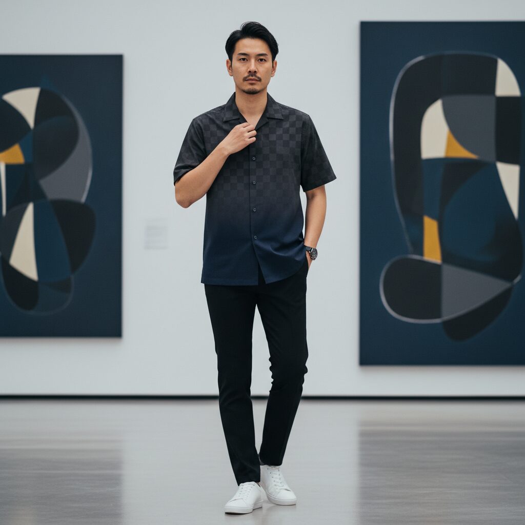 現代アートギャラリーでポーズをとる20代後半の日本人男性。ダークトーンのオンブレチェックオープンカラーシャツを黒のスリムフィットトラウザーにタックインし、クリーンな白いミニマルスニーカーを合わせています。抽象的なアート作品が背景にある、現代的なファッションフォト。