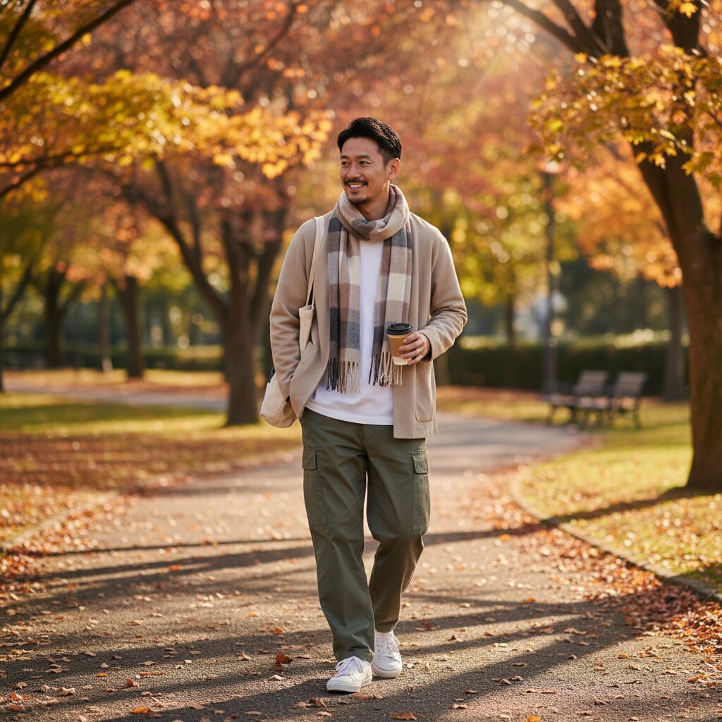 紅葉した公園でリラックスした週末を楽しむ30代前半の日本人男性。ニュートラルカラーのアンコンジャケットに清潔感のある白いTシャツ、オリーブグリーンのカーゴパンツを着用し、首元にはさりげないオンブレチェックのスカーフをゆったりと巻いています。ゴールデンアワーの光が美しいストリートスタイルフォト。