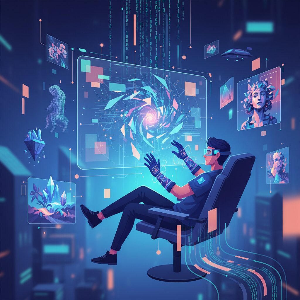 未来的なデジタルアーティストが、ホログラフィックキャンバスに鮮やかで抽象的なAIアートを制作している。周囲には光るデータストリームと多様なデジタル作品が漂っている。