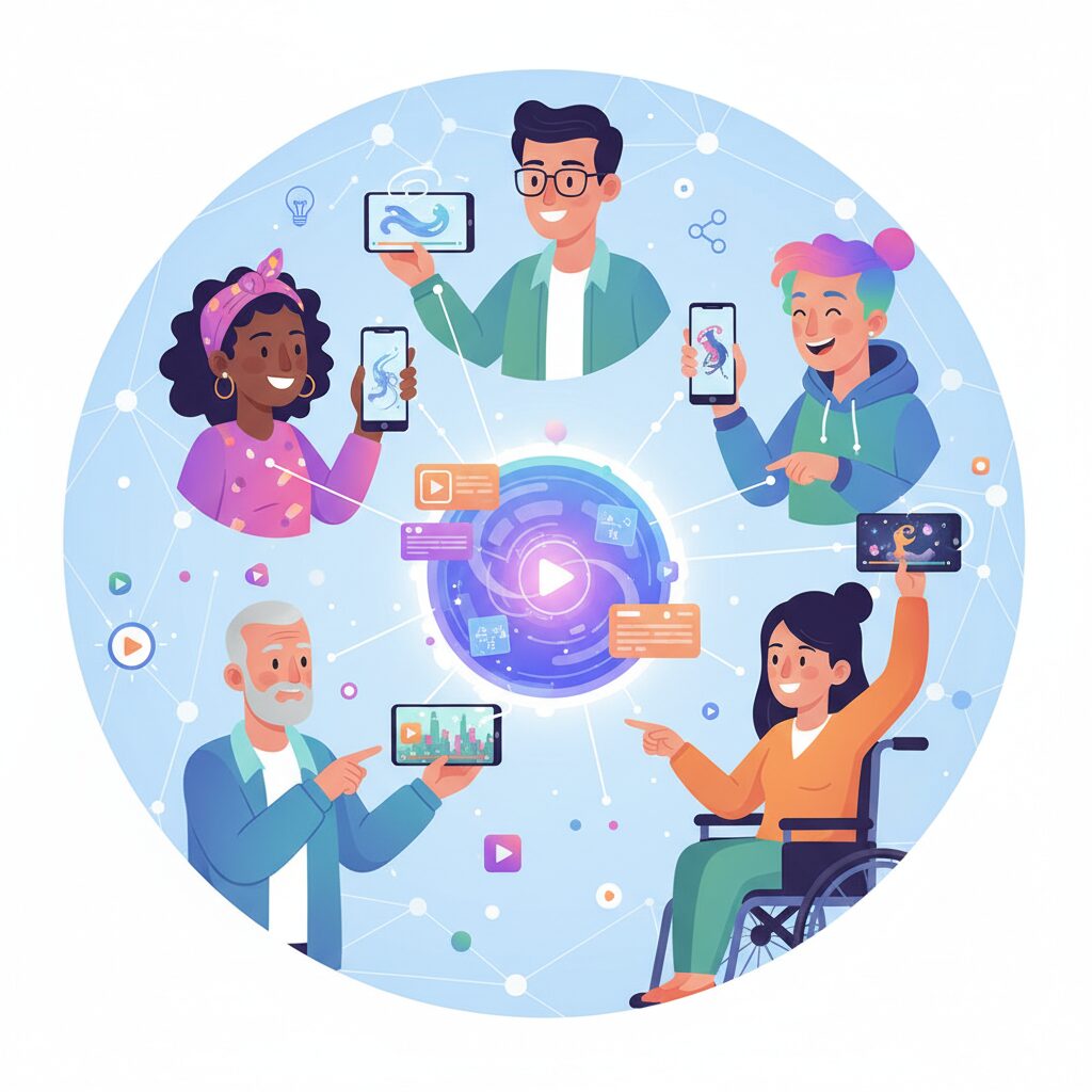 様々な背景を持つ人々が、スマートフォンでお互いにAIを活用したショートビデオを生成し、興奮とコミュニティ感をもって共有している。