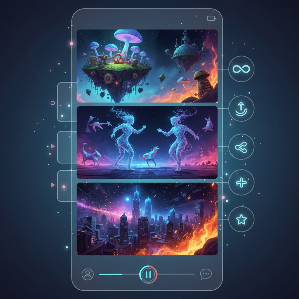 TikTokやReelsに似た、短くてAIが生成した動画クリップの活気に満ちたダイナミックなフィード。超現実的で想像力豊かなコンテンツが映し出され、ユーザーインターフェースには簡単なリミックスや共有機能が示されている。