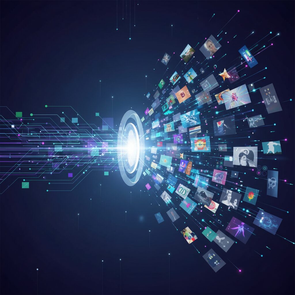 データが急速に中央ハブに流れ込み、そこから多様な画像や動画が多数生み出されている抽象的な表現。AI生成コンテンツの爆発的な増加を象徴している。