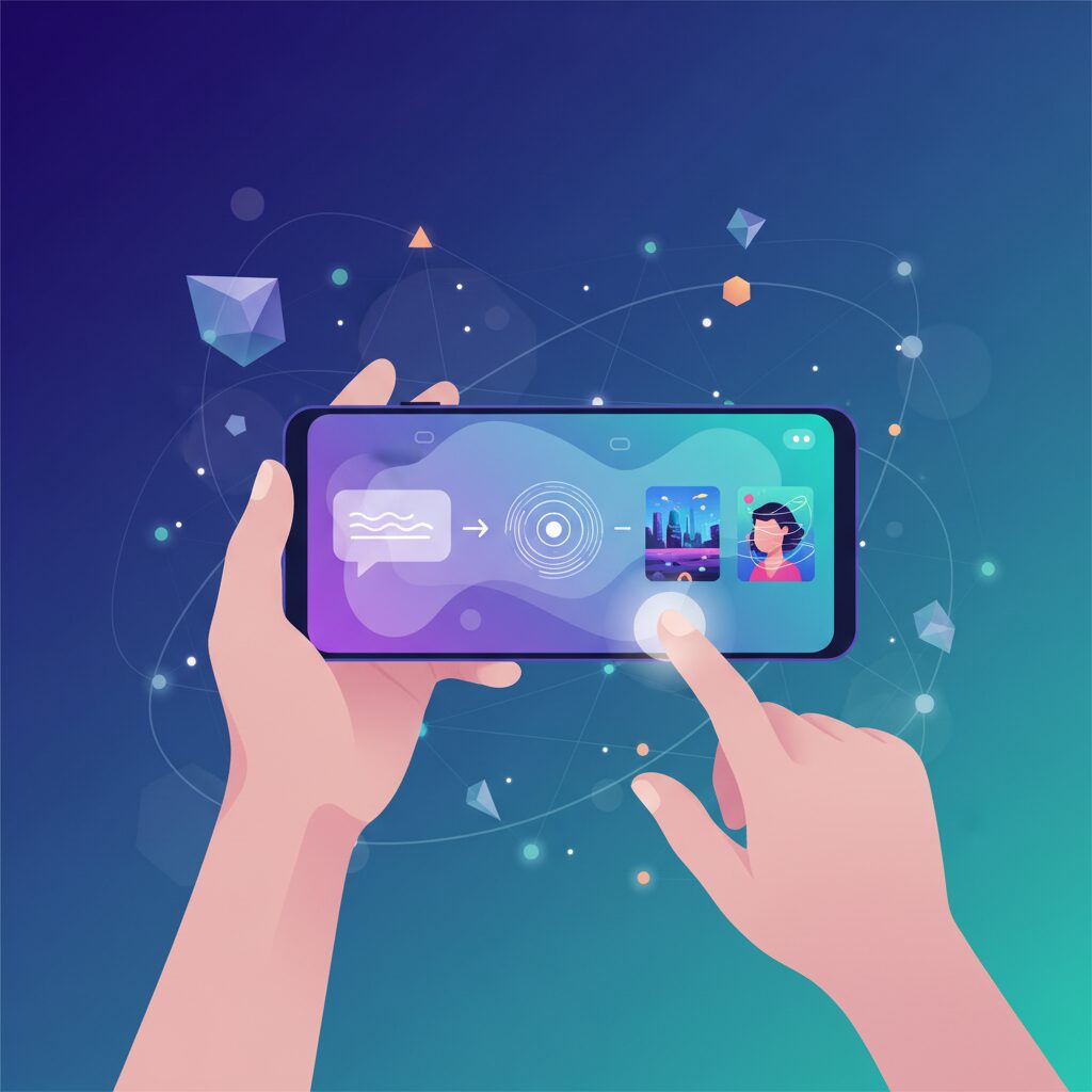 スマートフォンでAIアシスタントと対話している人物。テキストプロンプトが驚くほど美しいビジュアルメディアへと簡単に変換されていく様子が描かれ、Metaの新しいAIクリエーションツールの使いやすさが強調されている。