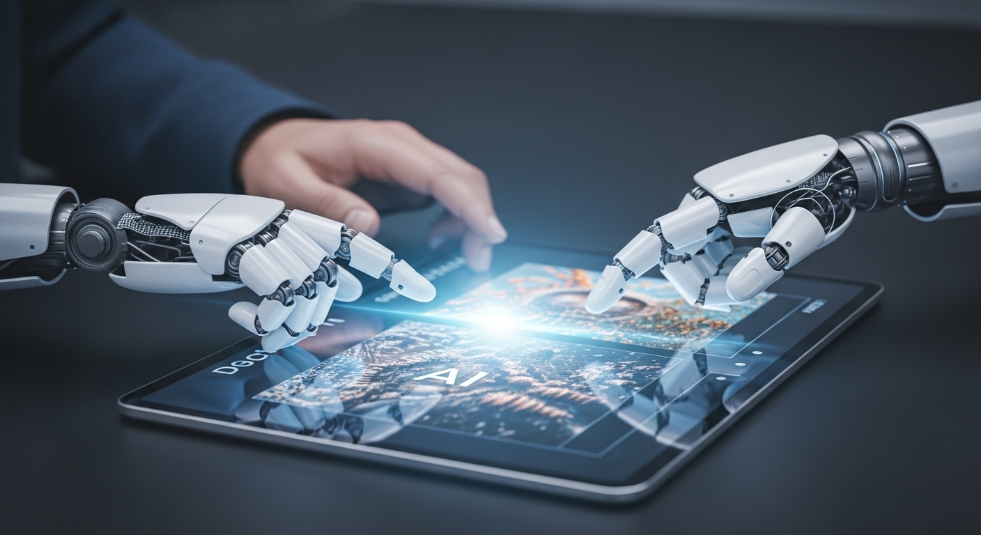 未来的な空間で、人間の手とロボットの手がデジタルタブレット上で協力し、AIが生成したフォトリアルな画像が表示されている。創造性と技術の融合を強調している。