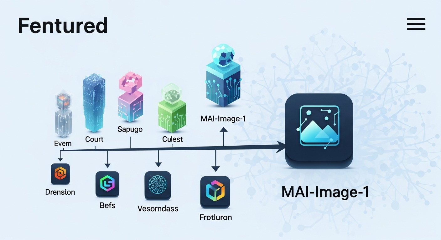 AI画像生成の進化を示すダイナミックなインフォグラフィック。タイムラインが「MAI-Image-1」の大きなアイコンに繋がり、その周りにCopilotとBing Image Creatorの小さなアイコンが配置されている。