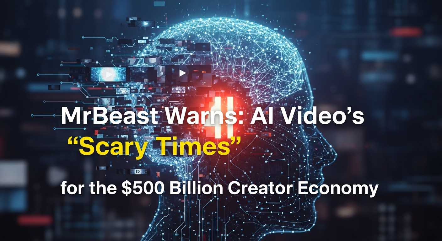 YouTubeのトップクリエイターであるMrBeastが、人工知能が生成した動画の脅威について懸念を表明している様子。背景にはAIが生成したリアルな動画のイメージが広がっており、技術の進化とクリエイター経済の未来が交錯する複雑な状況を示唆しています。