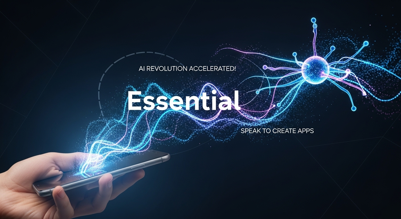 Nothing Essential AIプラットフォームのロゴと、自然言語で生成されたアプリの概念図