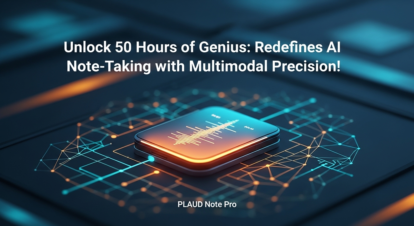 手のひらに収まるPLAUD Note Proが、音声波形、テキスト、画像が融合したデータをホログラフィックに表示し、次世代のマルチモーダルAI記録を象徴している。